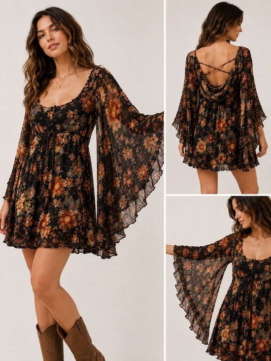 Free People Dresses & Skirts - Free People Mini Boho floral Dress size XS bell sleeve coastal cowgirl Fairy